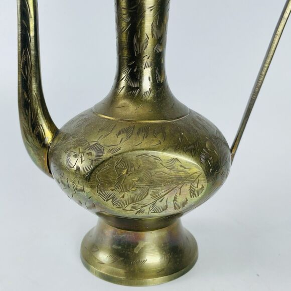 Vintage Etched Brass Botanical Pitcher Ewer Tea Pot Hinged Lid Made in India 12" - Picture 5 of 12